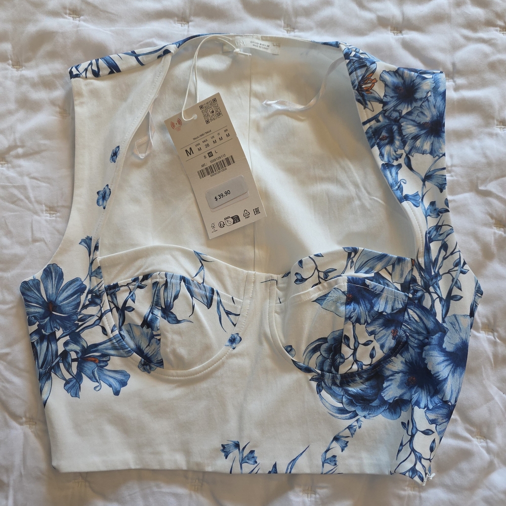 Zara White Bustier Crop Top with Blue Floral Print